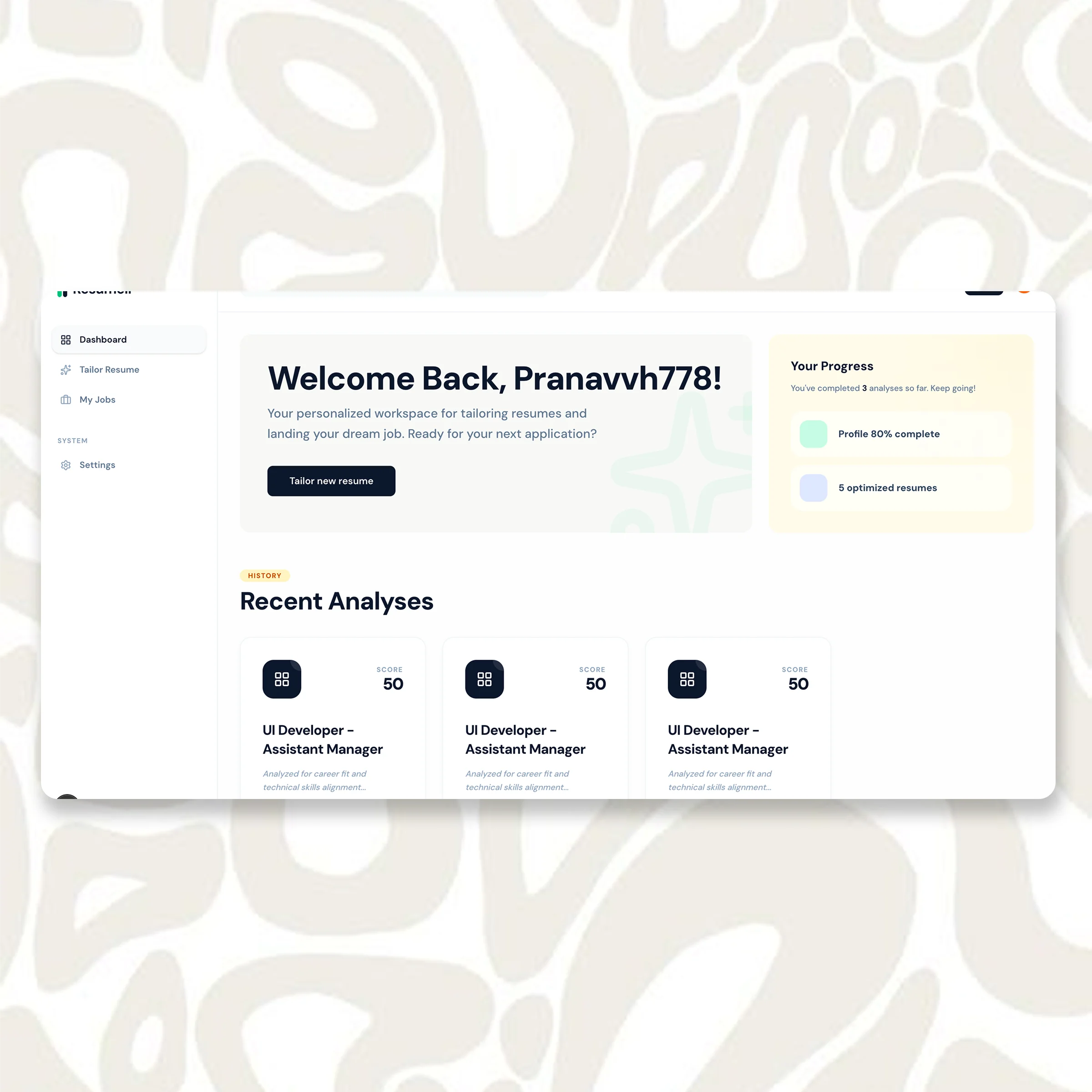 User Dashboard Workspace