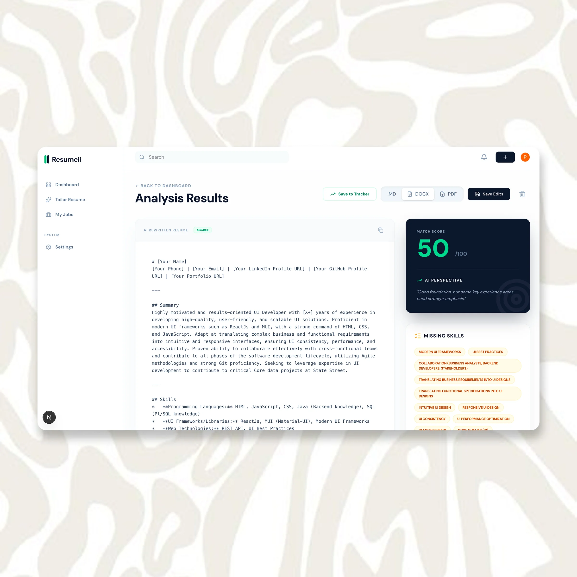 AI Resume Tailor UI